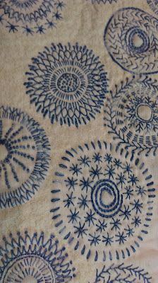 a blue and white cloth with circular designs on it