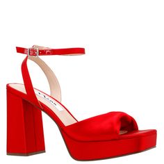 STACIE-RED SATIN BLOCK HIGH-HEEL PLATFORM SANDAL Silver Rhinestone Heels, Red Block Heels, Red Platform Heels, Evening Heels, Red Platform, Beige Pumps, Silver High Heels, Colorful Heels, Floral Sandals