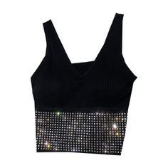 Summer Crop Top Women with Rhinestones O Neck Sleevelss Cropped Feminino Camisole Vest Sexy Knit Backness No Rims Tee Top Corset Seamless V-neck Party Tops, Seamless V-neck Crop Top For Party, Summer Stretch Tank Top With Rhinestones, Seamless Crop Top For Parties, Fitted Black Tank Top With Rhinestones, Fitted Rhinestone Tank Top, Stretch Rhinestone Tops For Club, Black Rhinestone Tank Top For Night Out, Trendy Rhinestone Tops For Club