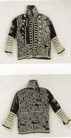 two pictures of an old jacket with writing on the back and side, both showing different patterns