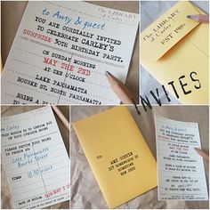 several different types of wedding stationery and envelopes with writing on them, including one for the bride to be