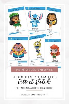 four different cartoon characters are shown with the text, printables for each character