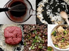 four different pictures showing the process of making meatballs and rice in various pans