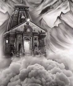 a black and white photo of a building surrounded by clouds in the sky with mountains behind it