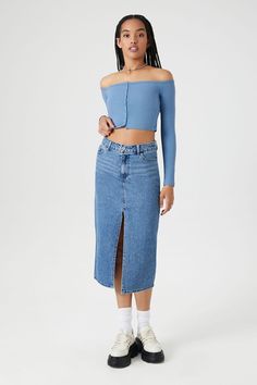 Denim Midi Slit Skirt | Forever 21 Graphic Tee Dress, Black Dress Formal, Denim Sweater, Denim Midi Skirt, Outerwear Sweater, Tee Dress, Matching Dresses, Cardigan Jacket, Dress Accessories