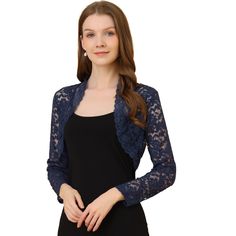 It's designed with floral lace and an open front for a comfortable fit. Crafted from soft and knit fabric, this lace cardigan features feminine full sleeves, and a scalloped hem, and is perfectly covered up with sleeveless dresses for a wedding look. A must-have item in your clothing wardrobe, the lace bolero has long sleeves, and semi-sheer lace, and is finished with a cropped length and could be stretchy a bit. Fitted Lace Cardigan For Party, Elegant Fitted Lace Cardigan, Fitted Lace Trim Cardigan For Layering, Fitted Lace Cardigan With Open Front, Fitted Lace Open Front Cardigan, Fitted Lace Outerwear With Lace Trim, Lace Patchwork Cardigan, Fitted Lace Cardigan With Crochet Lace, Long Sleeve Lace Cardigan With Lace Patchwork