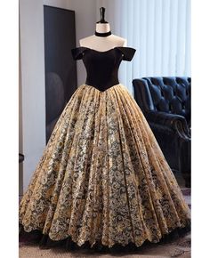 Get 10% off now! Buy black and gold embroidered ballgown prom dress off shoulder at cheap price online. Free stable shipping and pro custom service since 2009. Gold Ball Dresses, Black And Gold Ball Gown, Black And Gold Prom Dress, Black And Gold Gown, Prom Dress Off Shoulder, Ballgown Prom Dress, Gold Ball Gown, Backless Corset, Wedding Evening Gown