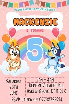 a birthday party flyer with two cartoon dogs and balloons on the front, in pink background