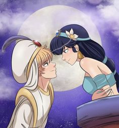 two cartoon characters are kissing in front of the moon