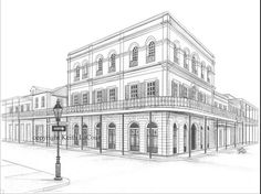 a drawing of an old building with balconies on the front and second story