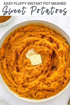 a white bowl filled with sweet potato mashed potatoes