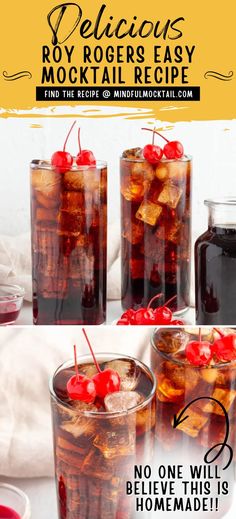 three glasses filled with ice and cherries on top of a white table next to a pitcher