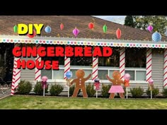 gingerbread house decorated with giant candy canes and decorations for the front yard,