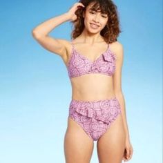 Shade & Shore Asymmetrical Ruffle Bikini Set Size Medium 8-10 Triangle Top With Removable Pads Low Coverage High Waist Cheeky Bottom New With Tags Top - $19.99 / Bottoms - $22.99 Purple / Pink / Multicolor Mystic Mauve / Ag766t / Ag767b Swimsuit, Summer, Boho, Geometric Print Purple Ruffled Swimwear For Beach Season, Purple Ruffled Swimwear For Swimming, Purple Ruffled Swimwear For Vacation, Purple Ruffled Swimwear For Beach, Purple Ruffled Beachwear Swimwear, Black And White Swimsuit, Boho Geometric, Summer Boho, Pink Ruffle