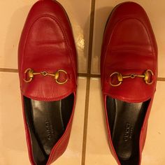 Red Gucci Brixton Loafers Size 35.5 (I'm A True Us6) Worn Less Than 5 Times Please See Photos For Details (Tiny Scuff) Classic Red Flats For Work, Classic Flats With Red Sole For Formal Occasions, Classic Formal Flats With Red Sole, Red Flat Loafers For Galas, Classic Red Slip-on Flats, Red Flats With Leather Sole For Work, Classic Red Flat Loafers, Red Loafers With Flat Heel For Business, Red Flat Heel Loafers For Business