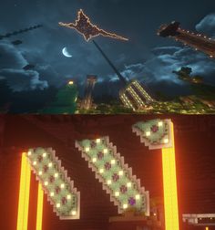 two screens showing the same scene in minecraft, one with an airplane flying over it