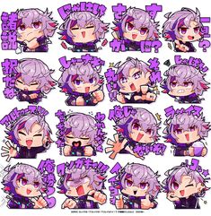 an anime character with purple hair and various expressions