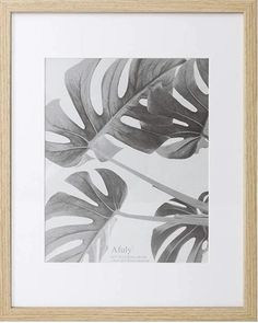 a black and white photo of leaves in a wooden frame