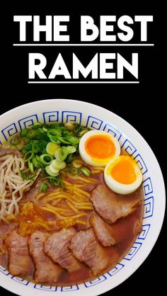 a bowl of ramen with meat, noodles and an egg in it on a black background