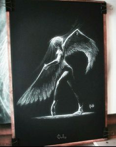 a black and white drawing of a woman with wings on her back, in front of a dark background