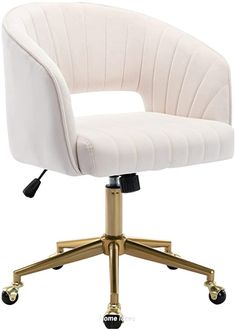 a white office chair with gold wheels and casteors