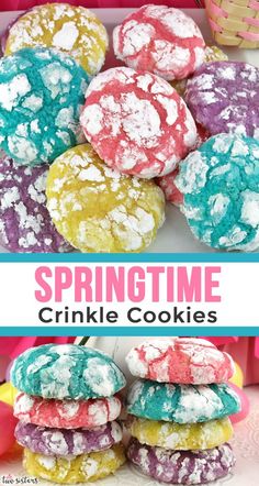 colorful cookies are stacked on top of each other with the words crinkle cookies above them