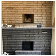 before and after pictures of a brick fireplace