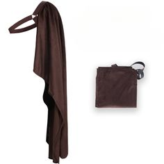 a brown bag with a tie hanging from it's side next to a piece of cloth