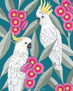 two white parrots sitting on top of pink and yellow flowers with green leaves in the background