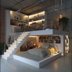 a bedroom with stairs leading up to the bed and bookshelves on the wall