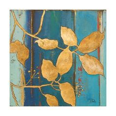 a painting with gold leaves on a blue and green painted wood paneled wall art