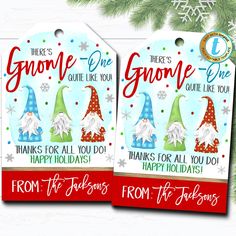 two christmas gift tags with gnomes on them