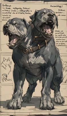 a drawing of two large dogs with their mouths open and teeth wide open, standing next to each other