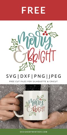 a person holding a coffee mug with the words merry and bright on it, in front of