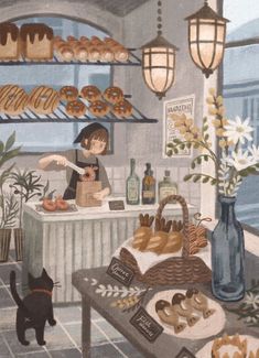 a painting of a woman preparing food at a counter with a cat looking over the counter