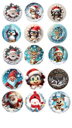 a bunch of buttons with santa claus and other cartoon characters on them