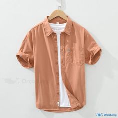 OrcaJump - Short-sleeved Solid Cotton Shirt: Casual and Artistic Half-sleeve Button-down Shirt Button Up Shirt Short Sleeve, Men's Shirts And Tops, Korean Clothes, Mens Button Up, Shirt Short Sleeve, Korean Outfits, Mens Polo Shirts, Casual Jeans, Button Up Shirt