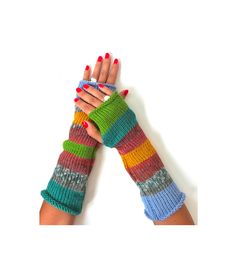 Limited edition means that the product is made in only one piece and can not be repeated. ♥ Material This unique wool arm warmers are handmade with 25% wool and the rest is acrylic.  During the cold winter these  colorful gloves will bring you joy. They are made in fashionable way so that you stand out from the crowd. ♥ Washing They should be washed in cold water.  ♥ Gift Perfect as gift as well for Christmas or birthday or any other occasion.  ♥ Shipping Processing of order is 1-3 working days. Handmade One Size Leg Warmers For Winter, Trendy Multicolor Leg Warmers For Winter, Cozy Knitted Multicolor Leg Warmers, Cozy Multicolor Knitted Leg Warmers, Multicolor Knitted Leg Warmers For Fall, Multicolor Knitted Leg Warmers For Winter, Fitted Multicolor Leg Warmers For Winter, Green One Size Leg Warmers For Winter, One Size Green Leg Warmers For Winter