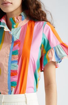 A crisp cotton blouse goes in for the charm with ripples of ruffles embellishing the placket and sleeves. 26" length (size Medium) 100% cotton Dry clean Imported Cool Blouses, Mid 80s Fashion, Funky Office Outfits, Fun Blouses, Colorful Business Casual, Preppy Street Style, Circus Event, Toothpaste Kisses, Alternate Fashion