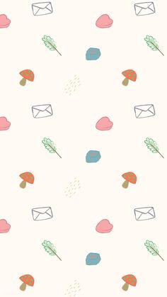 an image of a wallpaper pattern with envelopes and leaves on it, all in pastel colors