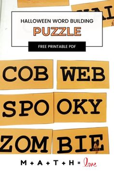 Halloween word building cards puzzle. Math Stem Activities, Halloween Math Games, Halloween Math Worksheets, Halloween Puzzles, Halloween Math Activities, Classroom Halloween Party, Halloween Games For Kids, Math Stem, Halloween Words