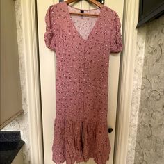 Never Worn, No Signs Of Damage. Dress Hits Around Knee. Ruched Sleeves, V-Neck, Ruffle Bottom, Tie In The Back. Flowy V-neck Maxi Dress With Buttons, Rayon Midi Dress With Ruffle Hem And V-neck, Rayon V-neck Midi Dress With Ruffle Hem, V-neck Midi Dress With Ruffle Hem In Rayon, V-neck Rayon Midi Dress With Ruffle Hem, V-neck Rayon Midi Dress With Buttons, Neck Ruffle, Wild Fable, Ruffle Dress