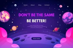 a landing page for a website with planets and stars in the sky, on a purple background