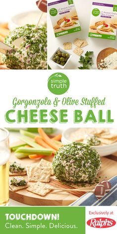 an advertisement for the gorgonzolla and olive stuffed cheese ball