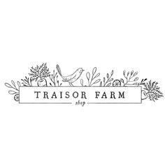 a black and white logo for a farm shop with birds, plants and flowers on it