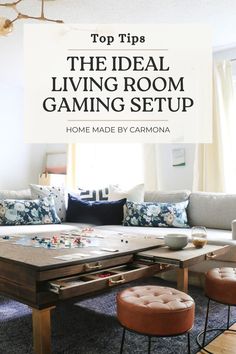 a living room set up with the text top tips the ideal living room gaming setup