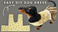 a small dog wearing a dress next to a paper bag with the words easy diy dog dress on it