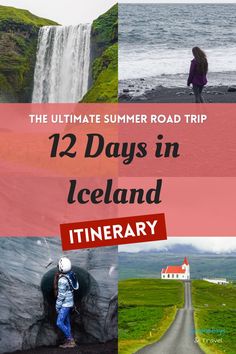 Clockwise from top left: A waterfall in Iceland; A girl wearing a purple jacket walking towards the sea on a black sand beach; A road leading to a church in; A girl wearing a blue coat standing inside an ice cave/ Iceland Travel Itinerary, Iceland Honeymoon, Planning A Road Trip, Iceland Vacation, Iceland Trip, Ice Caves, Trip To Iceland