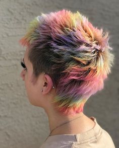 Short Hair Multi Color, Vivid Color Mullet, Hair Dye Rainbow, Crazy Hair Colors For Short Hair, Really Short Mullet, Short Colored Hair Ideas, Short Hair Rainbow