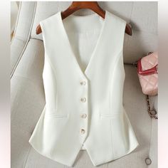 Brand New, Never Used White Vest Size Large (Runs A Little Small For Bigger Chested People) Elegant White Vest With Button Closure, Elegant White Vest With Buttons, White Button-up Workwear Vest, White Button-up Vest For Work, White Vest, Party Fits, Vest Blazer, Vintage Vest, Vest White